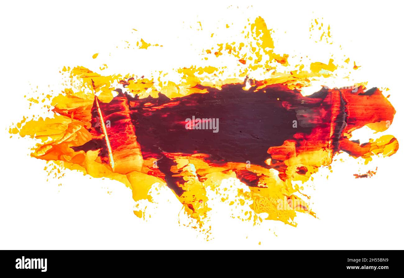 Oil texture paint stain brush stroke isolated on white background. Dark orange red inside wirh bright yellow at the edges. EPS10 vector illustration. Stock Vector