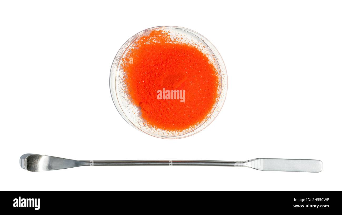 Potassium Dichromate in chemical watch glass placed next to the stainless  spatula on laboratory table Stock Photo - Alamy