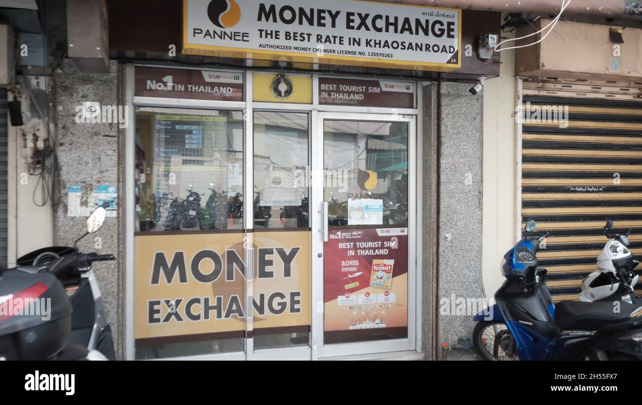 Money Exchange Khaosan Road or Khao San Road Phra Nakhon District Bangkok Thailand Stock Photo