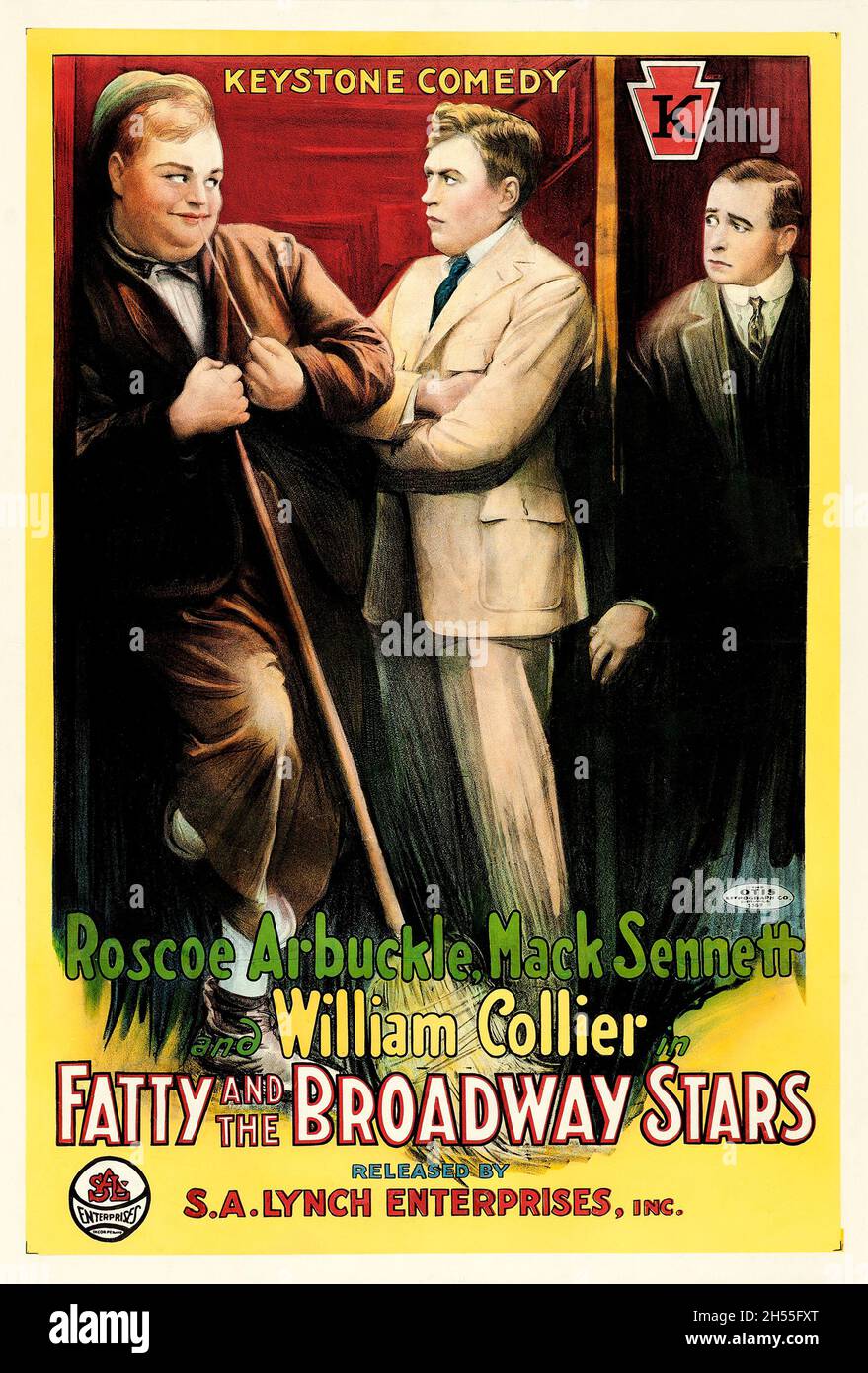Vintage movie poster for the 1915 film Fatty and the Broadway Stars - Roscoe Arbuckle, Mack Sennett. Keystone Comedy. Stock Photo