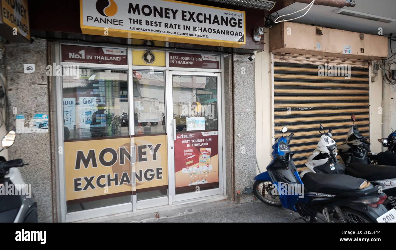 Money Exchange Khaosan Road or Khao San Road Phra Nakhon District Bangkok Thailand Stock Photo