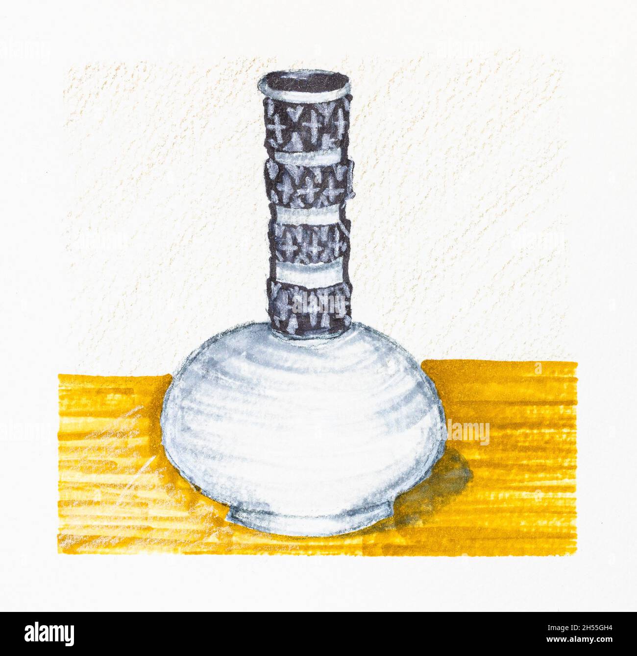 sketch of old empty norwegian pewter vase hand-drawn with markers and color pencils on white textured paper Stock Photo