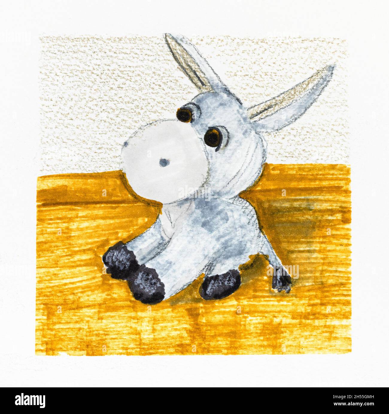sketch of stuffed animal donkey hand-drawn with markers and color pencils on white textured paper Stock Photo