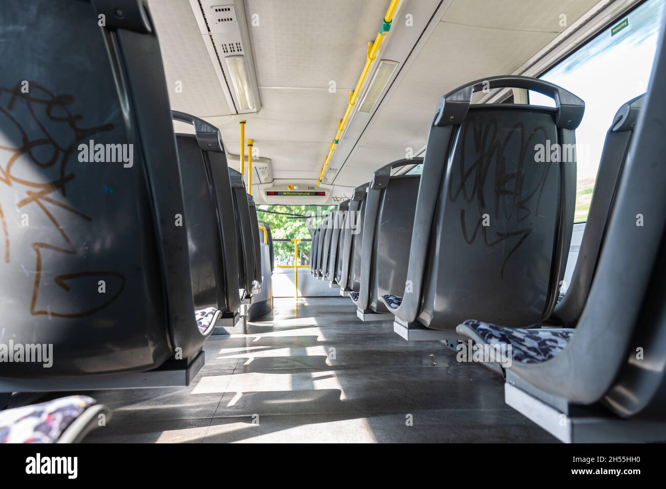 Upper deck of a double decker bus from back to front Stock Photo