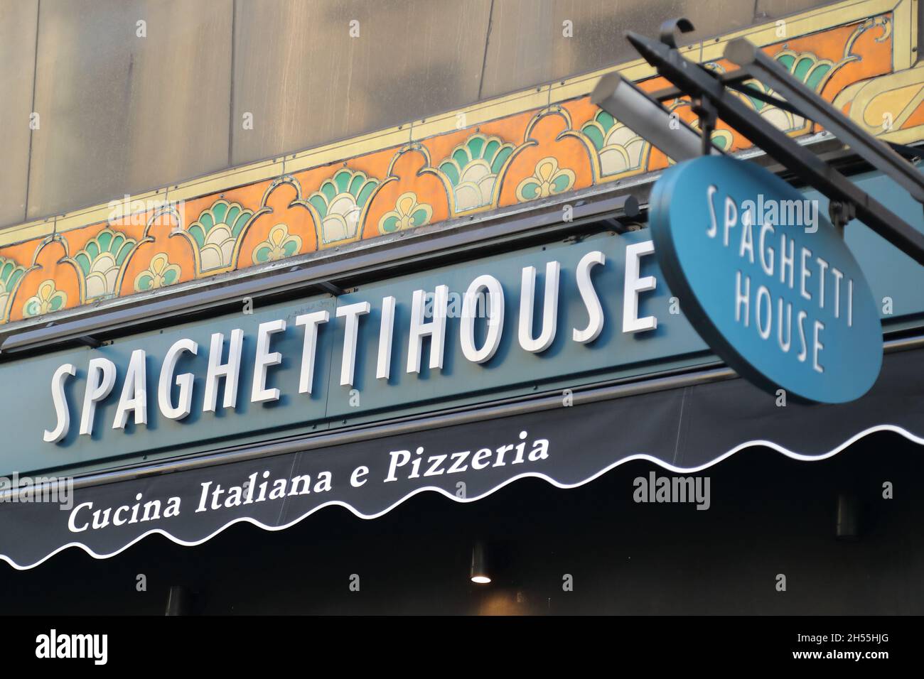 Spaghetti House logo above the Italian restaurant in Soho, London, UK