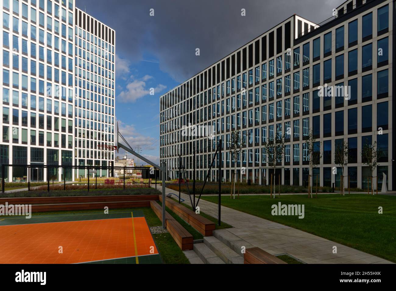 The inner court of Face2Face Business Campus in Katowice, the newest office complex. Stock Photo