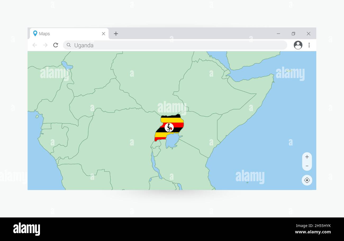 Browser window with map of Uganda, searching  Uganda in internet. Modern browser window template. Stock Vector
