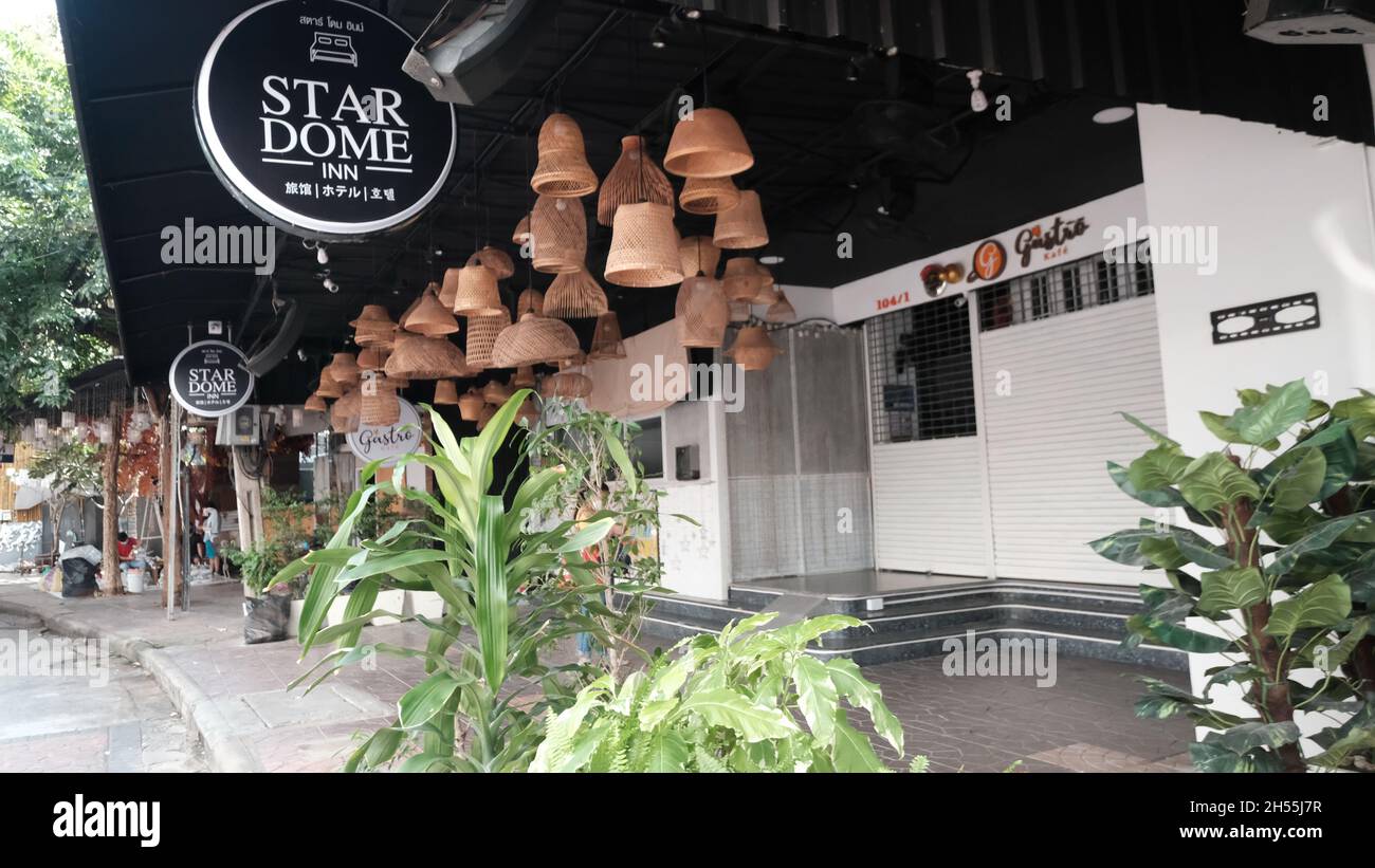 Hanging Baskets at Star Dome Inn Khaosan Road aka Khao San Road Area Tourist Attraction Bangkok Thailand Stock Photo