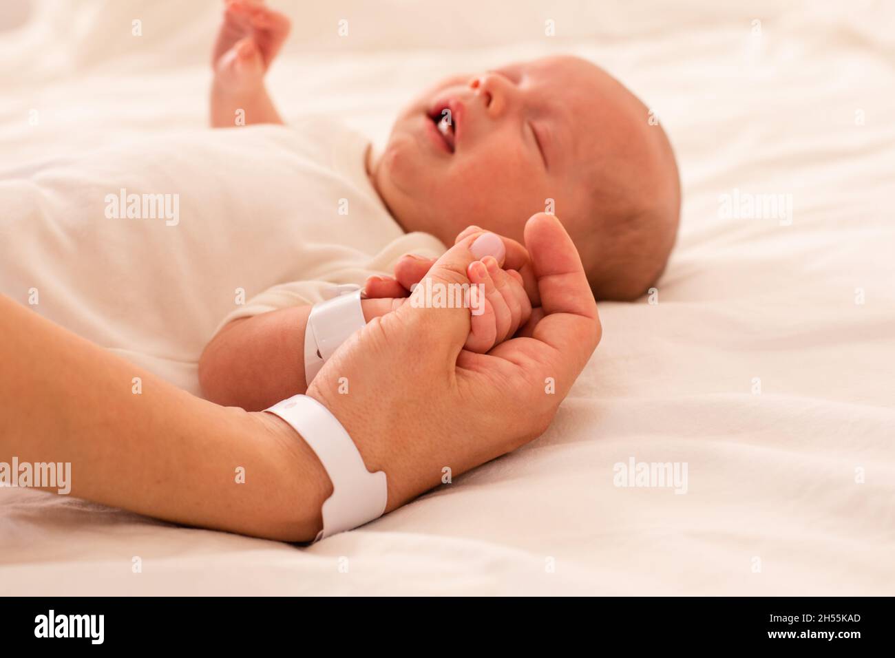 Newborn baby and mom are holding hands Stock Photo