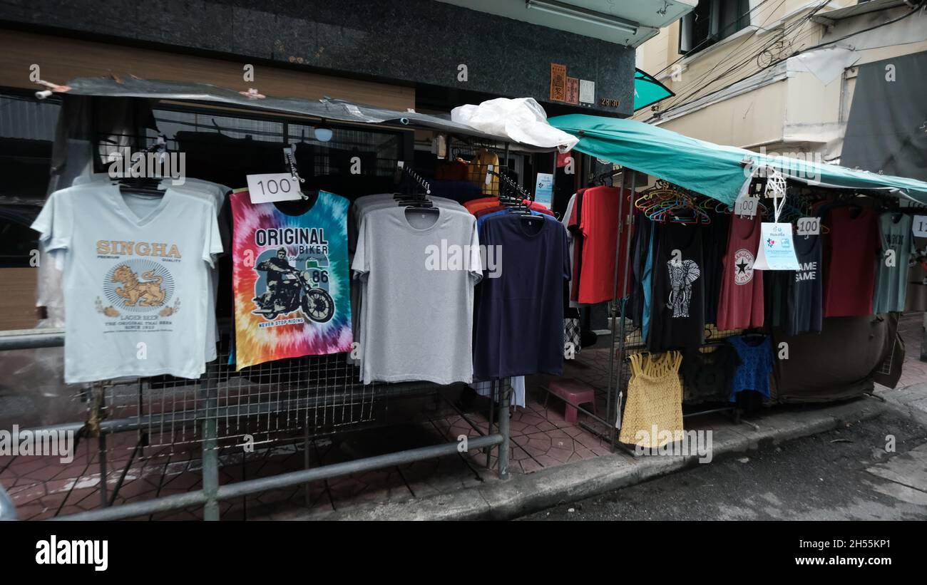 Tee Shirts for Sale Khaosan Road aka Khao San Road Area Tourist Attraction Bangkok Thailand Stock Photo