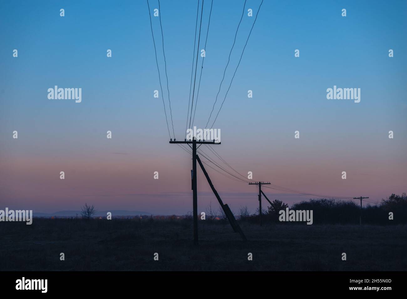 Colorful sunrise over the with trees and electric pole Stock Photo - Alamy
