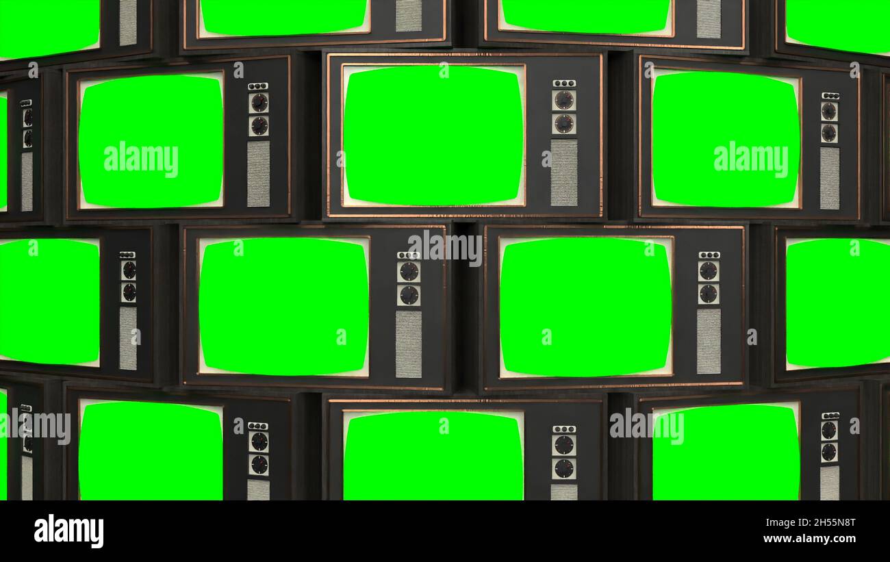 Vintage mockup on green screen Old TV set retro device 3d render Stock Photo