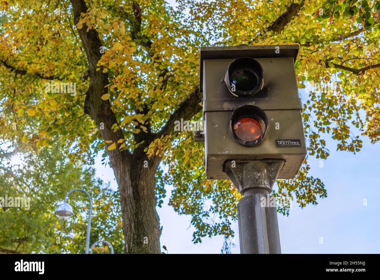 Close up of an old speedometer on a country road behind a tree in landscape format Stock Photo