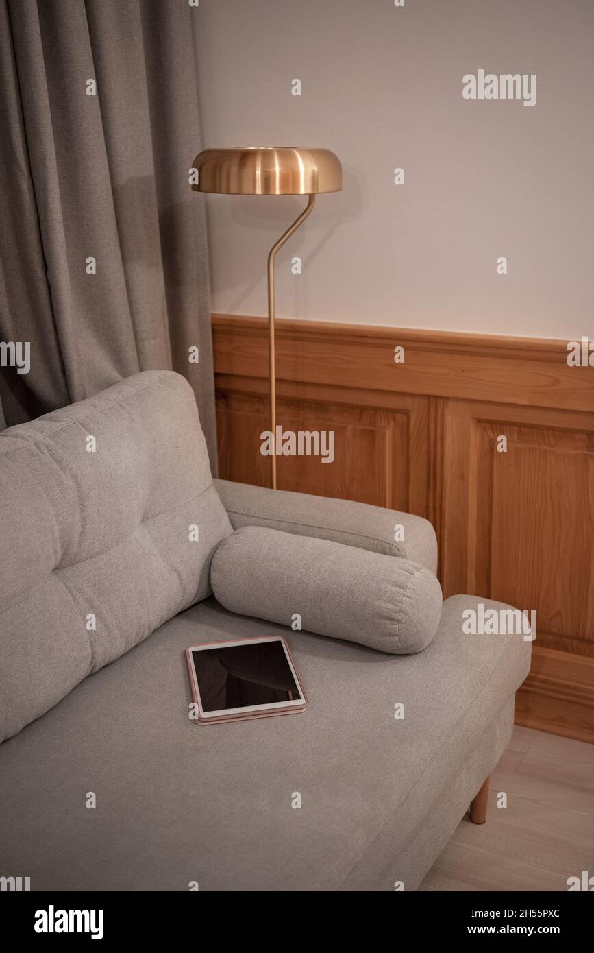 Stylish interior of living room with carpet and sofa Stock Photo Alamy