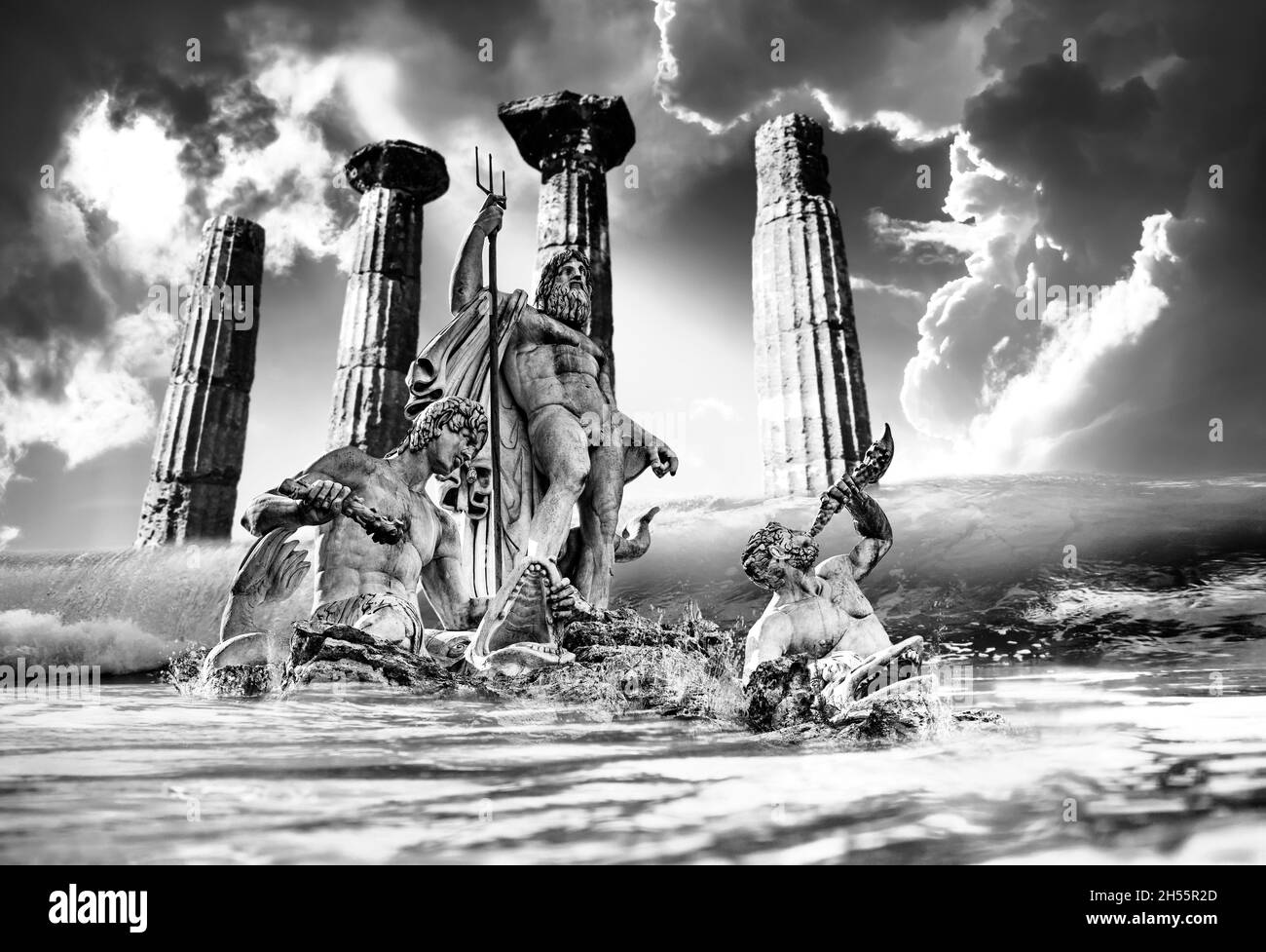 Photomontage of the fountain of Greek God Neptune, Piazza del Popolo, Rome, Italy. The statue is inside the sea with a dramatic sky. Stock Photo