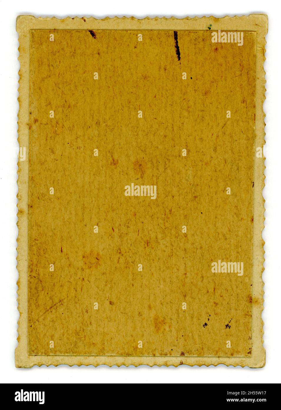Reverse of Edwardian era miniature photograph, cardboard mount, with textured paper showing wood fibres, scalloped edge, U.K. circa 1900 or1901 Stock Photo