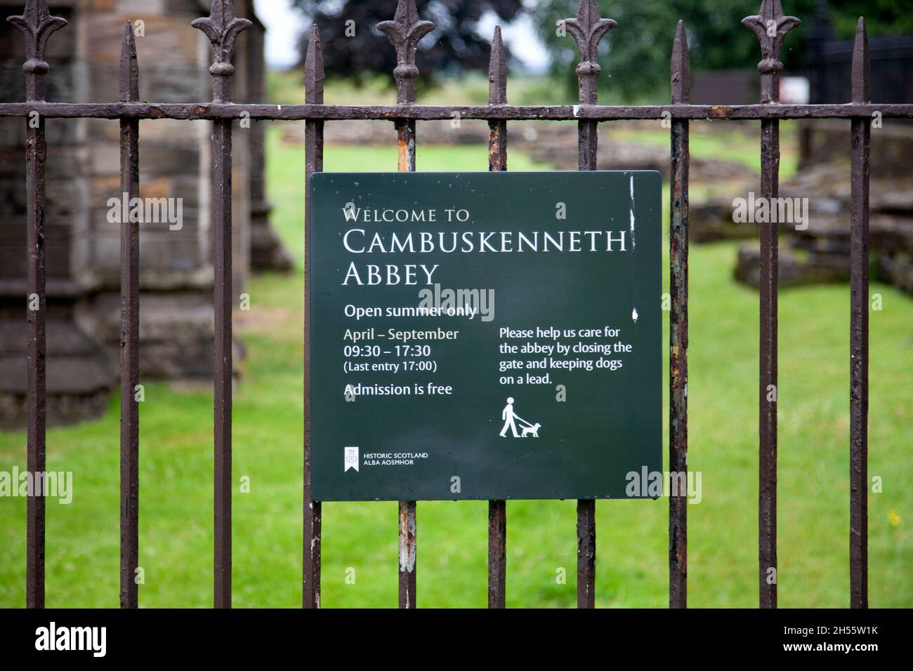 Cambuskenneth Abbey , Sign on Fence, Near Stirling, Scotland Stock Photo