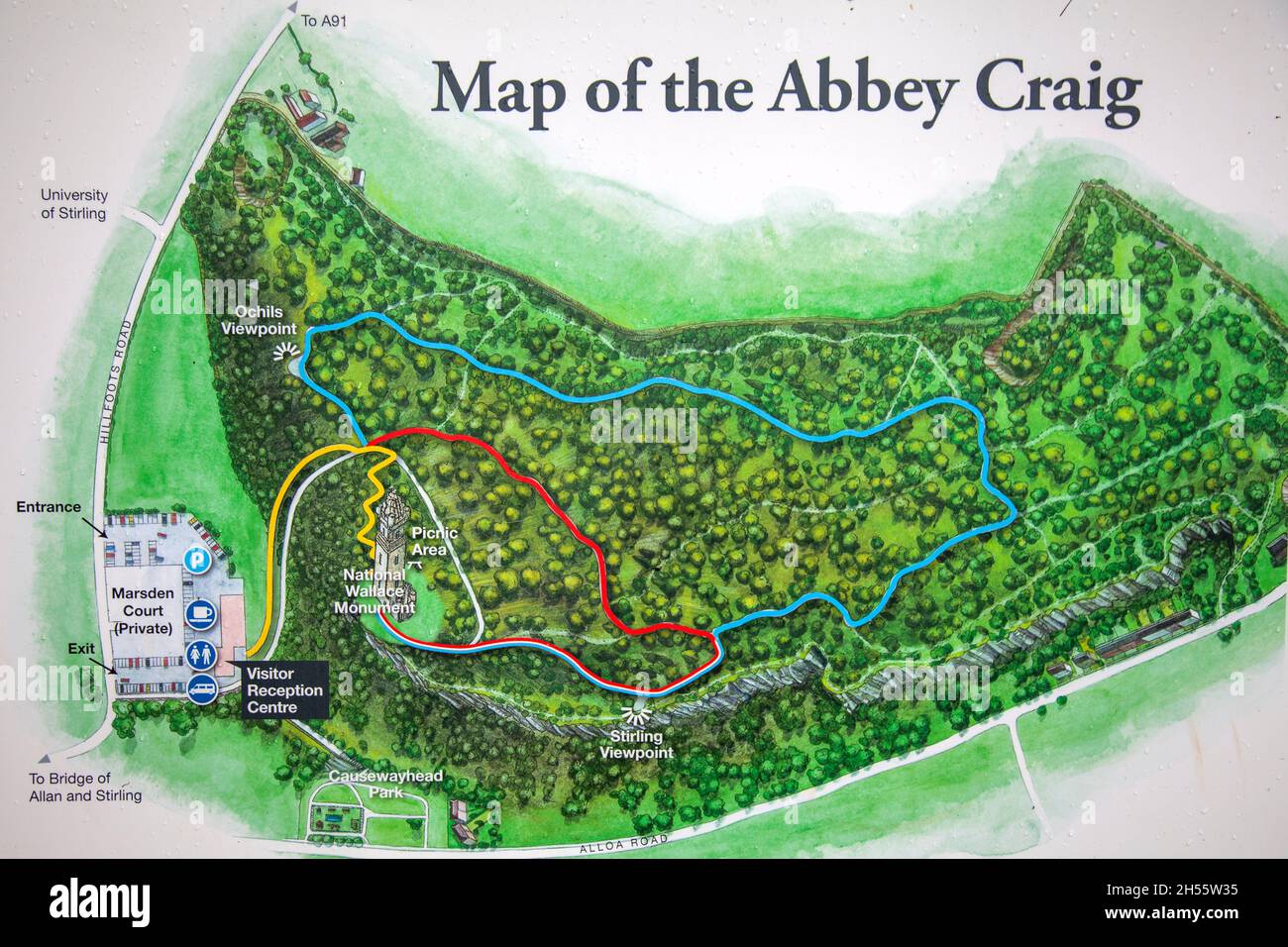 Map of Abbey Craig and Way up To National Wallace Monument, Scotland Stock Photo