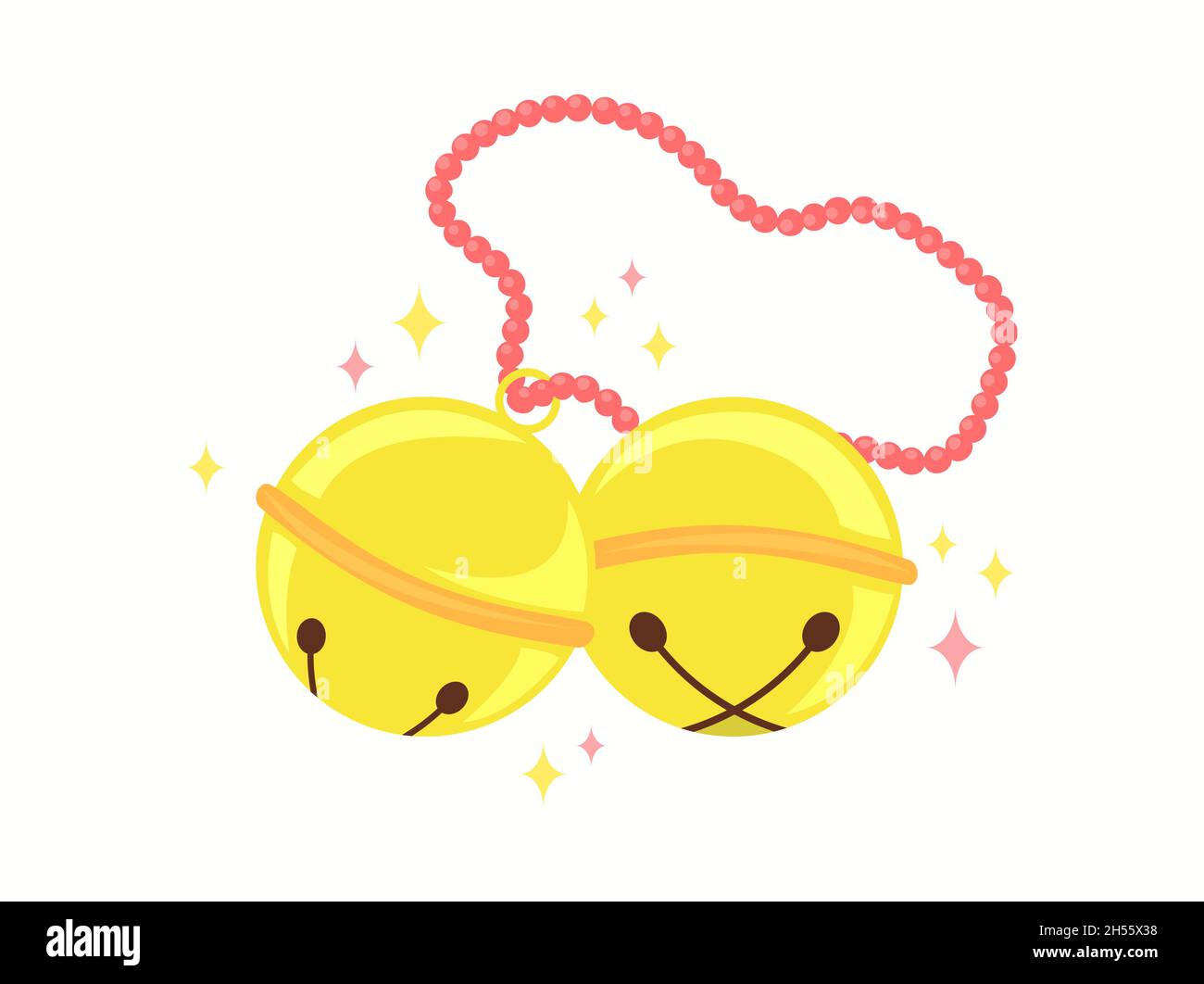 Jingle bells isolated. Two Christmas sleigh golden bells with chain and