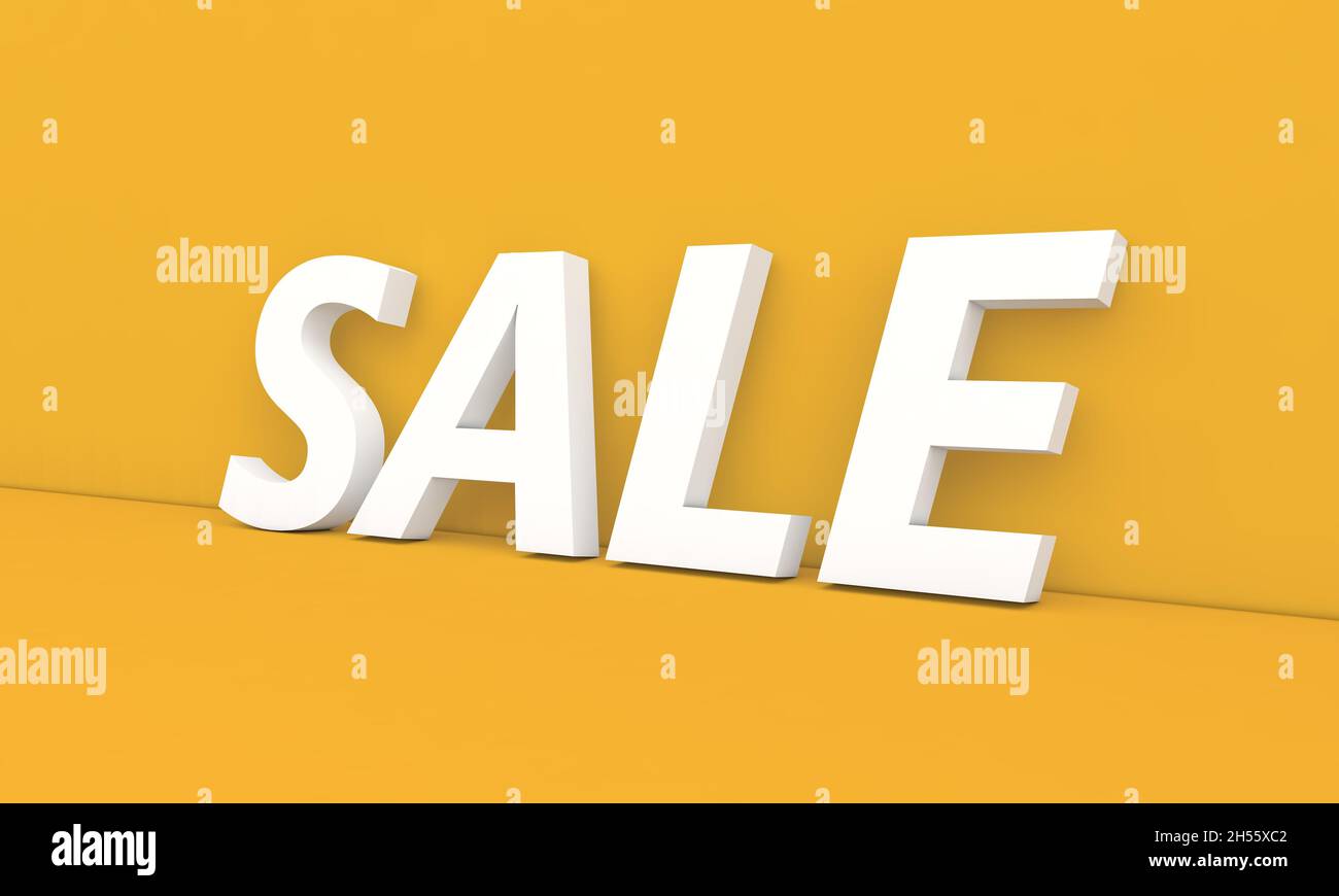 Inscription SALE in white letters on a yellow background. 3d render illustration. Stock Photo