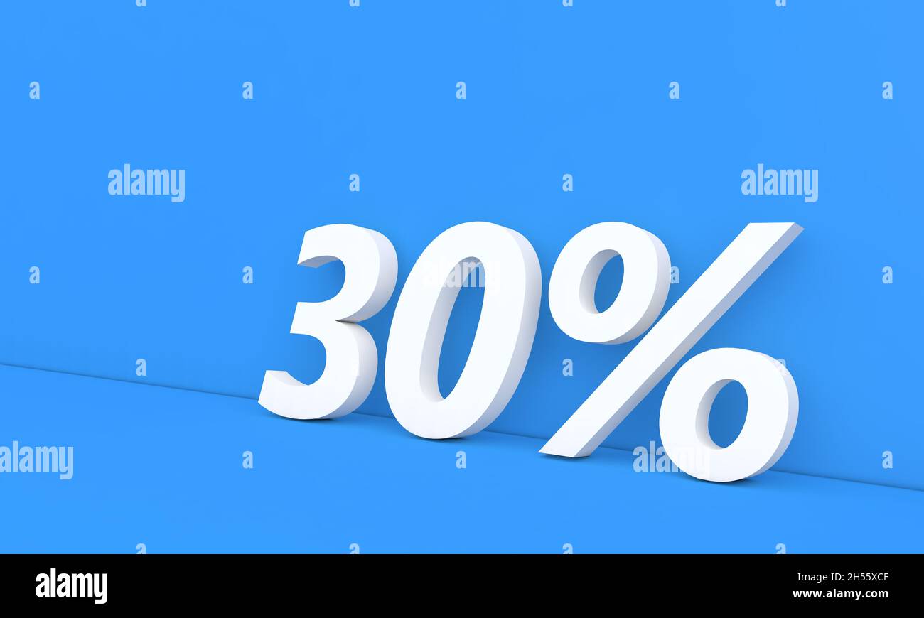 Discount 30 percent off on sale. White numbers on a blue background. 3d render illustration. Stock Photo