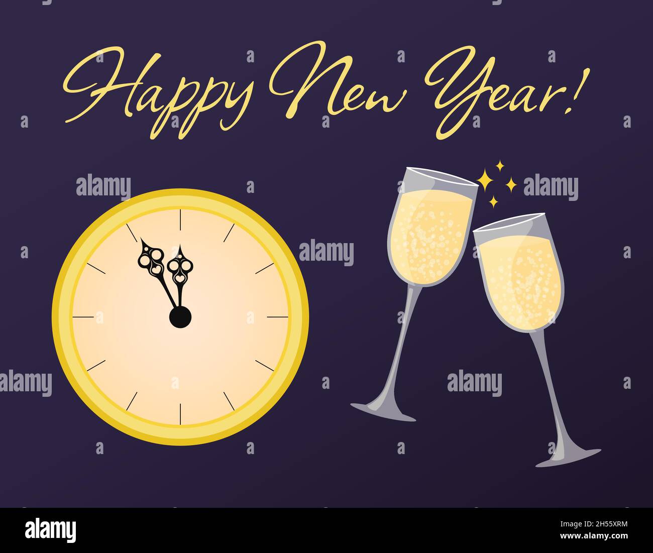 Happy New year greeting card. Midnight on clock and two glasses of champagne clink. New years eve countdown. Vector illustration. Stock Vector