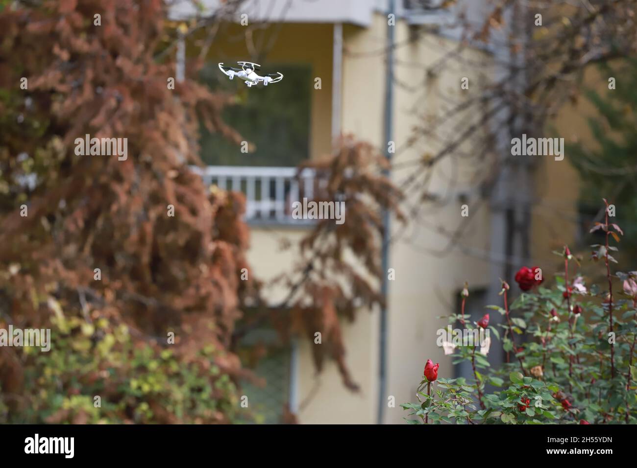 View of drone flying above living area Stock Photo