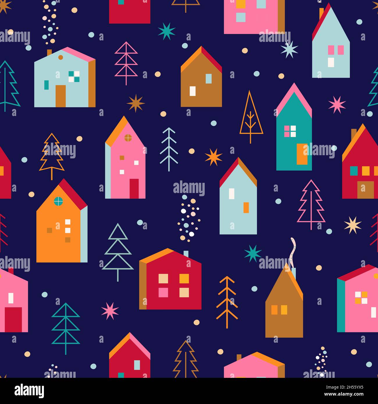 Christmas seamless pattern,houses,christmas trees. Stock Vector