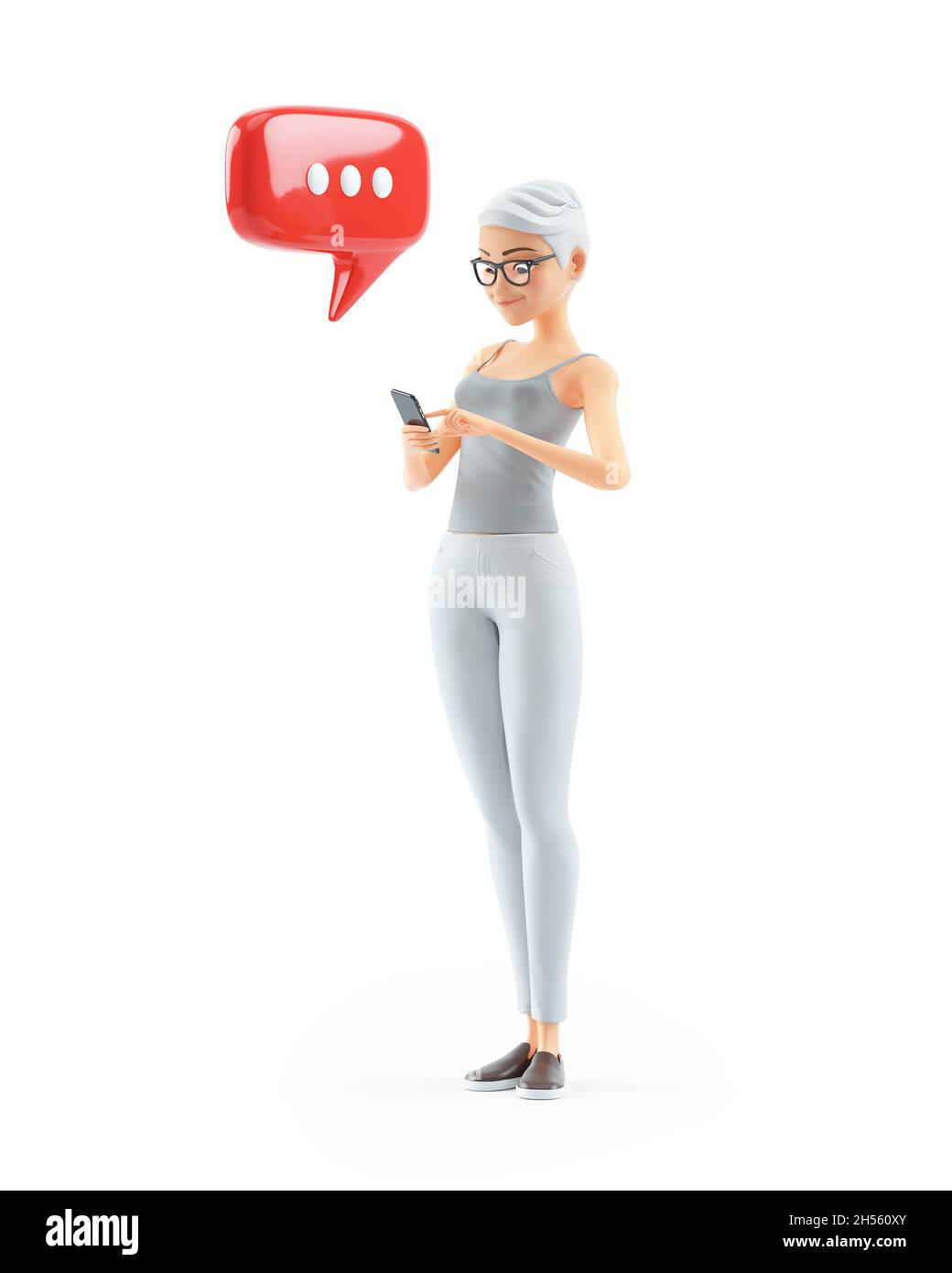 3d senior woman texting with smartphone, illustration isolated on white background Stock Photo