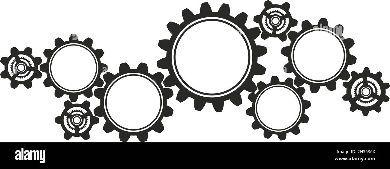 Gear working or cogwheel Symbol on isolated white background. Nine Thoothed black wheels in cooperation. Stock Vector