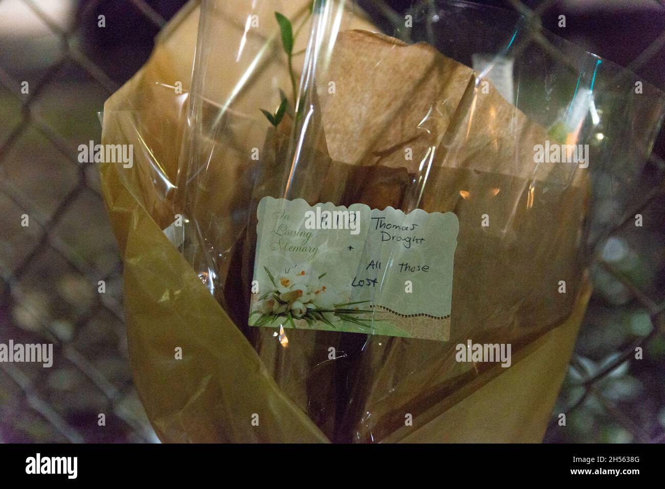 A memorial is set up outside of Astroworld Festival grounds at NRG Park at Houston, Texas on November 6, 2021. The highly anticipated music festival ended with the tragic deaths of eight young people Friday night. (Photo by Jennifer Lake/Sipa USA) Stock Photo