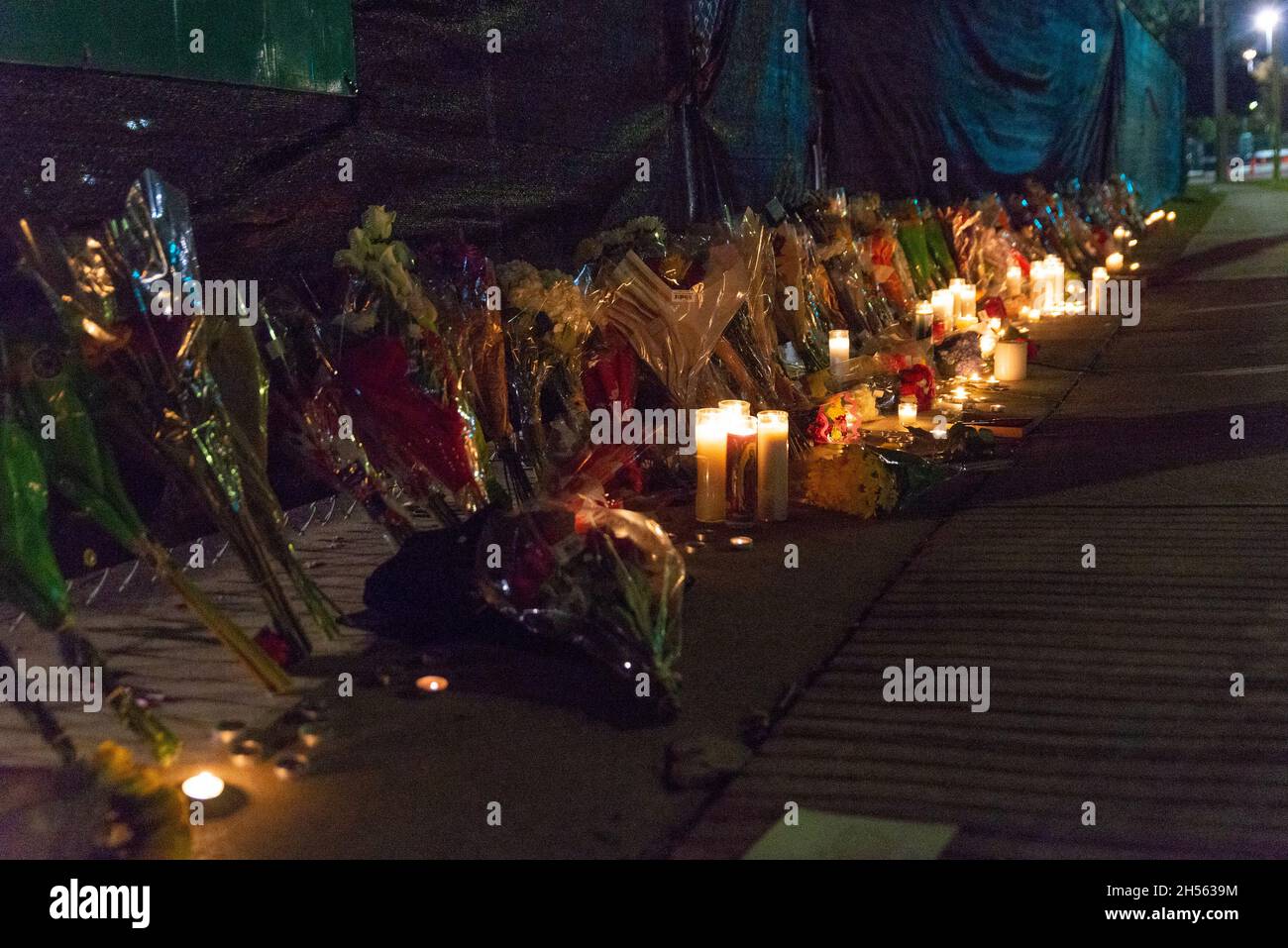 A memorial is set up outside of Astroworld Festival grounds at NRG Park at Houston, Texas on November 6, 2021. The highly anticipated music festival ended with the tragic deaths of eight young people Friday night. (Photo by Jennifer Lake/Sipa USA) Stock Photo