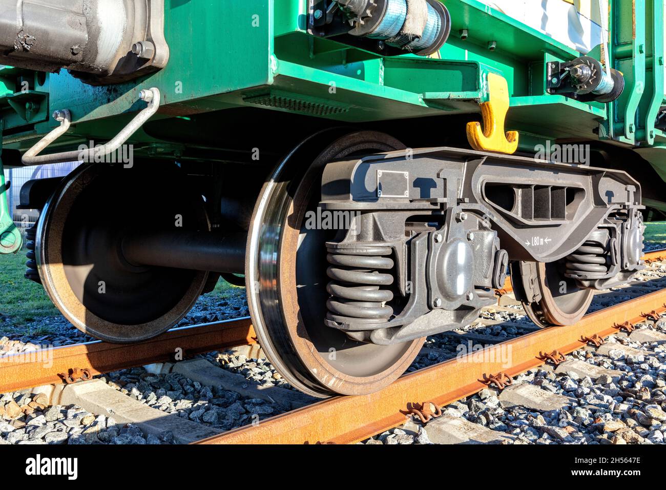 bogie of a freight car on railway track Stock Photo