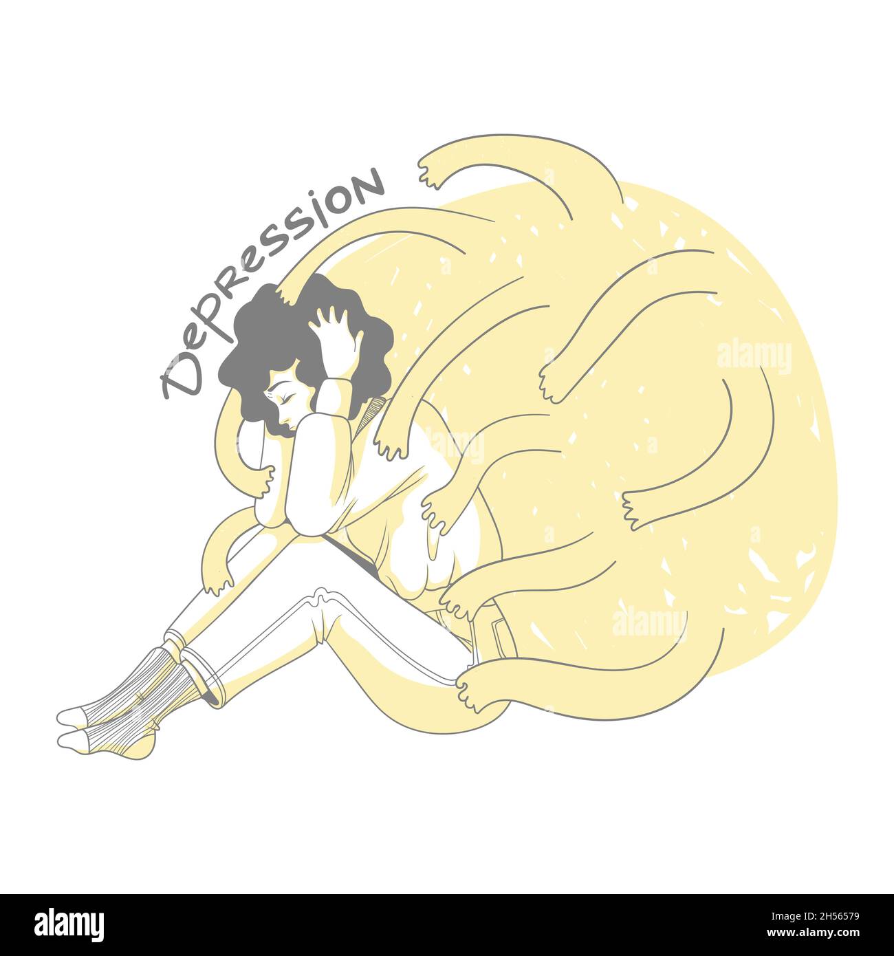 Lonely young girl is sitting, clutching her head. Mental Health and mental disorder concept. Exhausted hand drawn cartoon character isolated on white Stock Vector