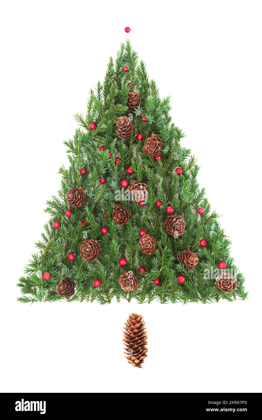 Natural environmentally friendly Christmas tree with juniper fir leaves, holly berries and pine cone. Eco symbol. Flat lay, copy space on white. Stock Photo