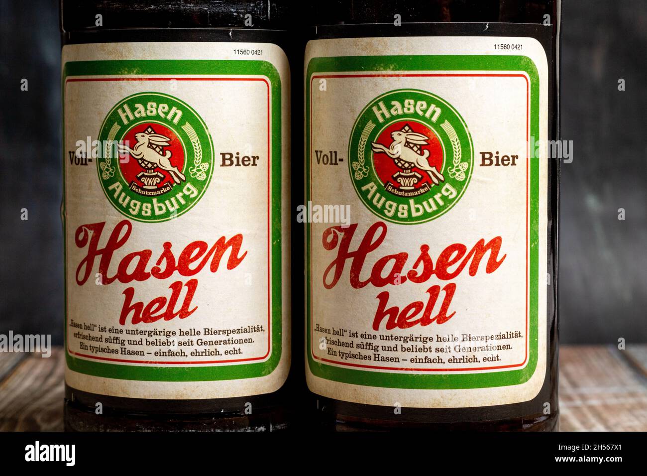 Neckargemuend, Germany - Oktober 17, 2021: two labels of german beer brand Hasen (Hasen means rabbit in english) located in Augsburg, Bavaria. hell is Stock Photo