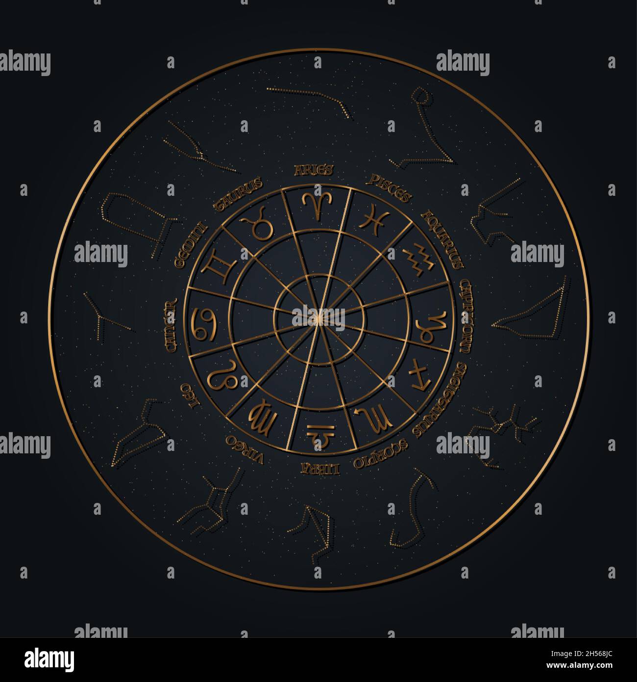 Zodiac wheel of constellations and sign set, vector illustration. Astrological symbols with golden gradient effect. stars on night sky map background. Stock Vector