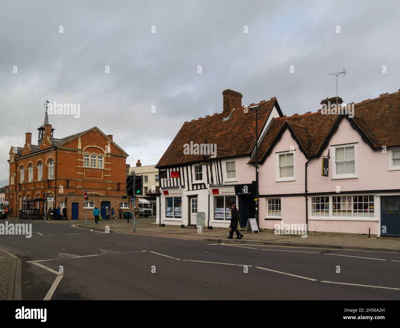 View of Town Hall historic building from Cornmarket Thame Oxfordshire England UK Stock Photo