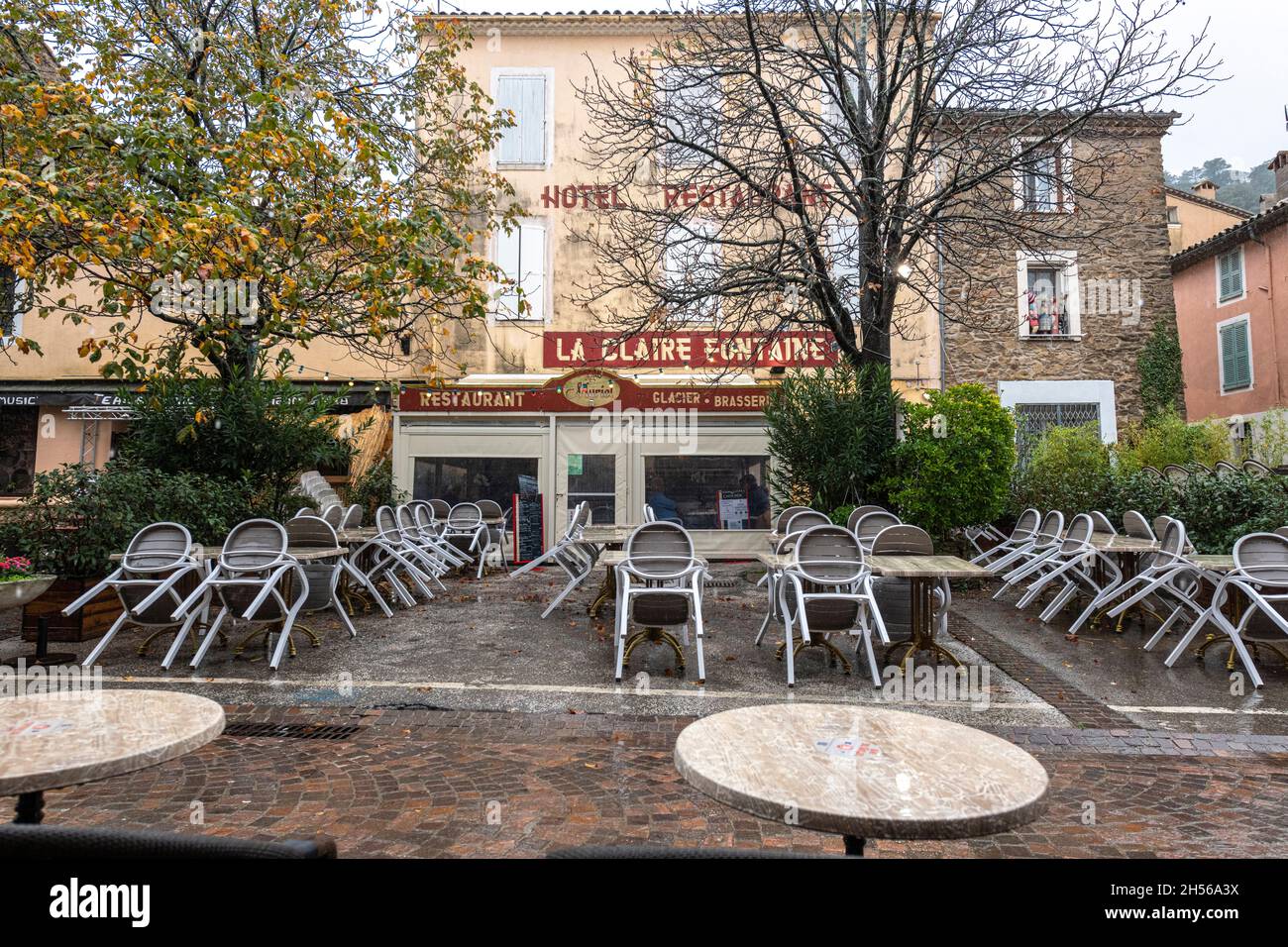 A closed restaurant in Le Garde-Freinet in the rain, Var, Cote-d'Azur, France. Stock Photo