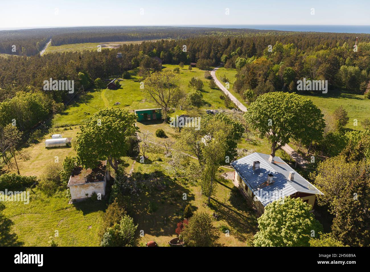 Aerial view of coutryside, cottages in the woods. Hiiu, Estonia Stock ...