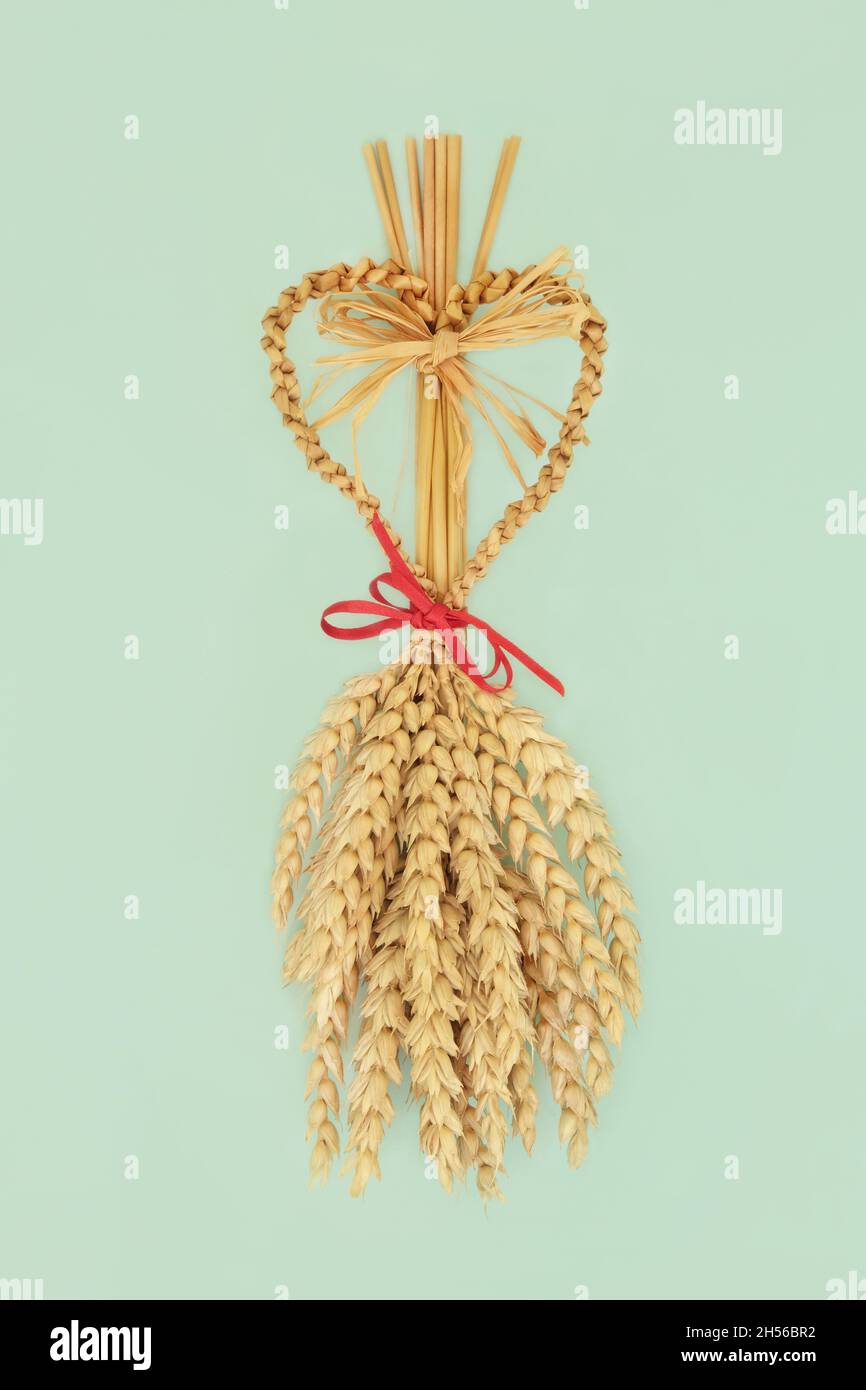 Corn dolly ancient pagan harvest fertility symbol in Europe. On pastel green background. Top view. Stock Photo