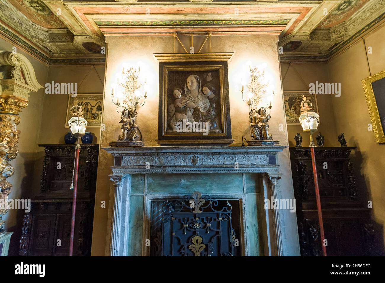 California, USA, 09 Jun 2013: Beautifully designed grand fireplace in Hearst Castle, which is a National and California Historical Landmark opened for Stock Photo