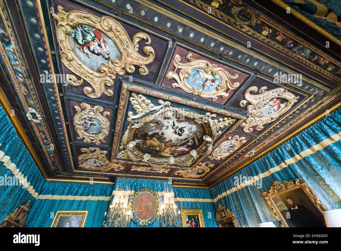 California, USA, 09 Jun 2013: Beautiful paintings and carvings of ceiling in popular Hearst Castle, which is a National and California Historical Land Stock Photo