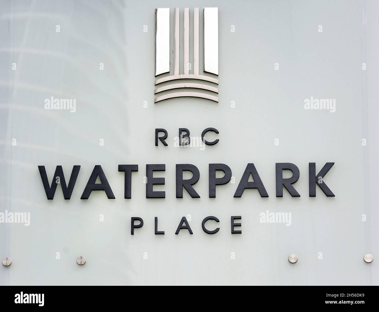 Sign for the Royal Bank of Canada or RBC Waterpark Place in the downtown district of Toronto, Canada. Nov. 6, 2021 Stock Photo