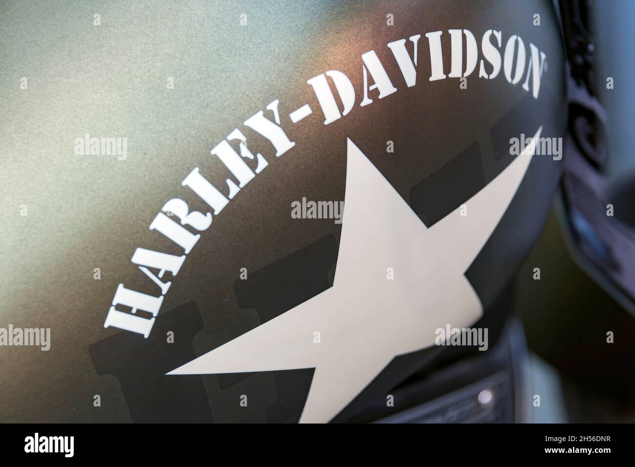 Logo of Harley-Davidson motorcycle in the gas tank of a vehicle seen in Toronto Canada. Nov. 6, 2021 Stock Photo