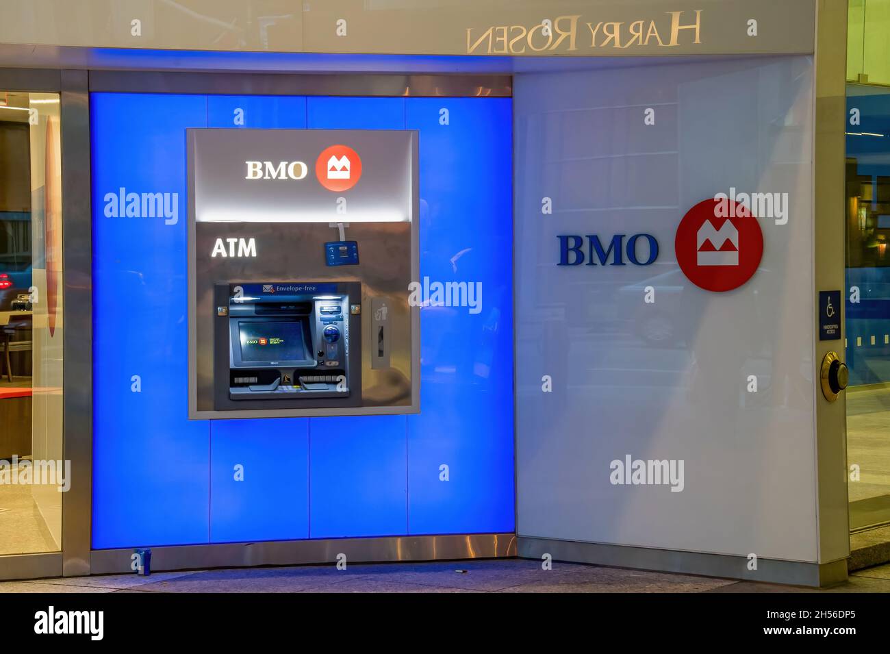 Automatic teller machine branded Bank of Montreal or BMO in Toronto, Canada. Nov. 6, 2021 Stock Photo