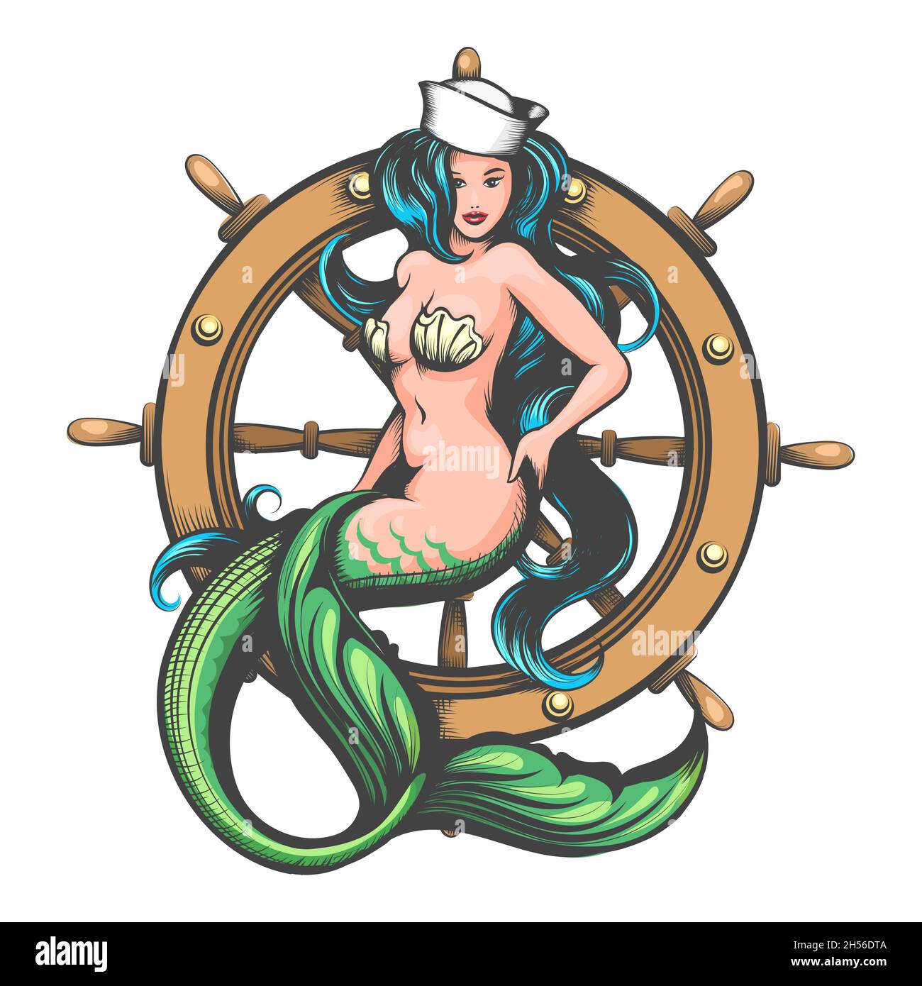 Colorful Tattoo of Mermaid in Sailor hat and Steering Wheel. Vector illustration. Stock Vector