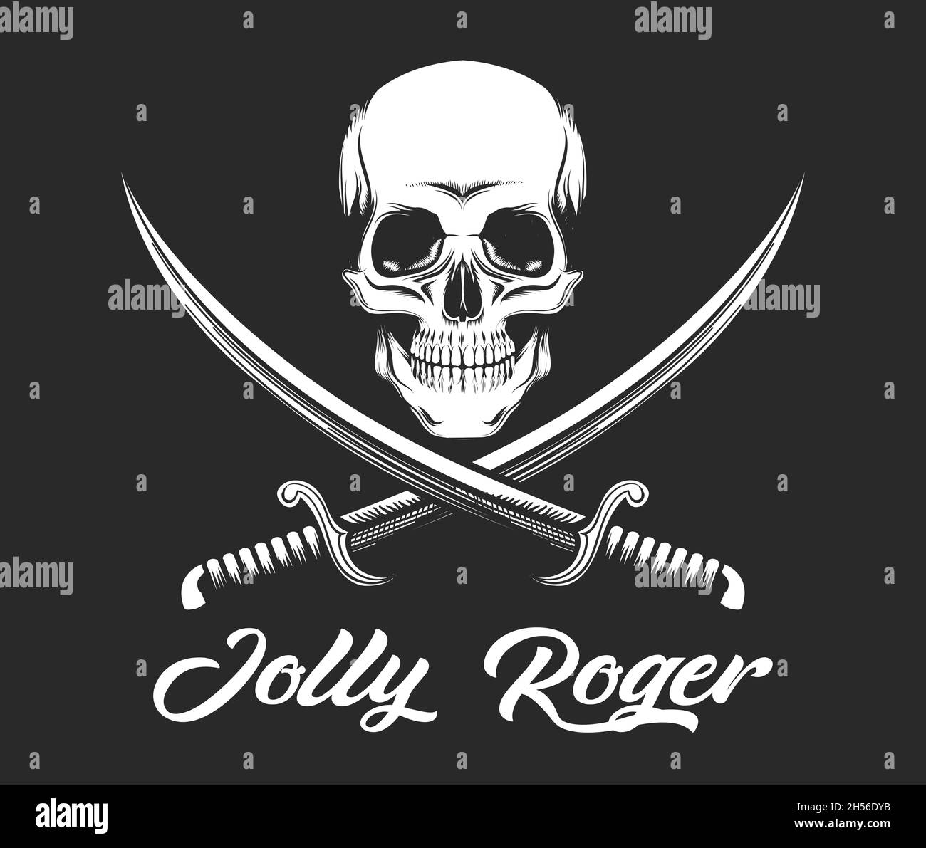 Emblem of Pirate Skull Jolly Roger isolated on black. Vector illustration. Stock Vector