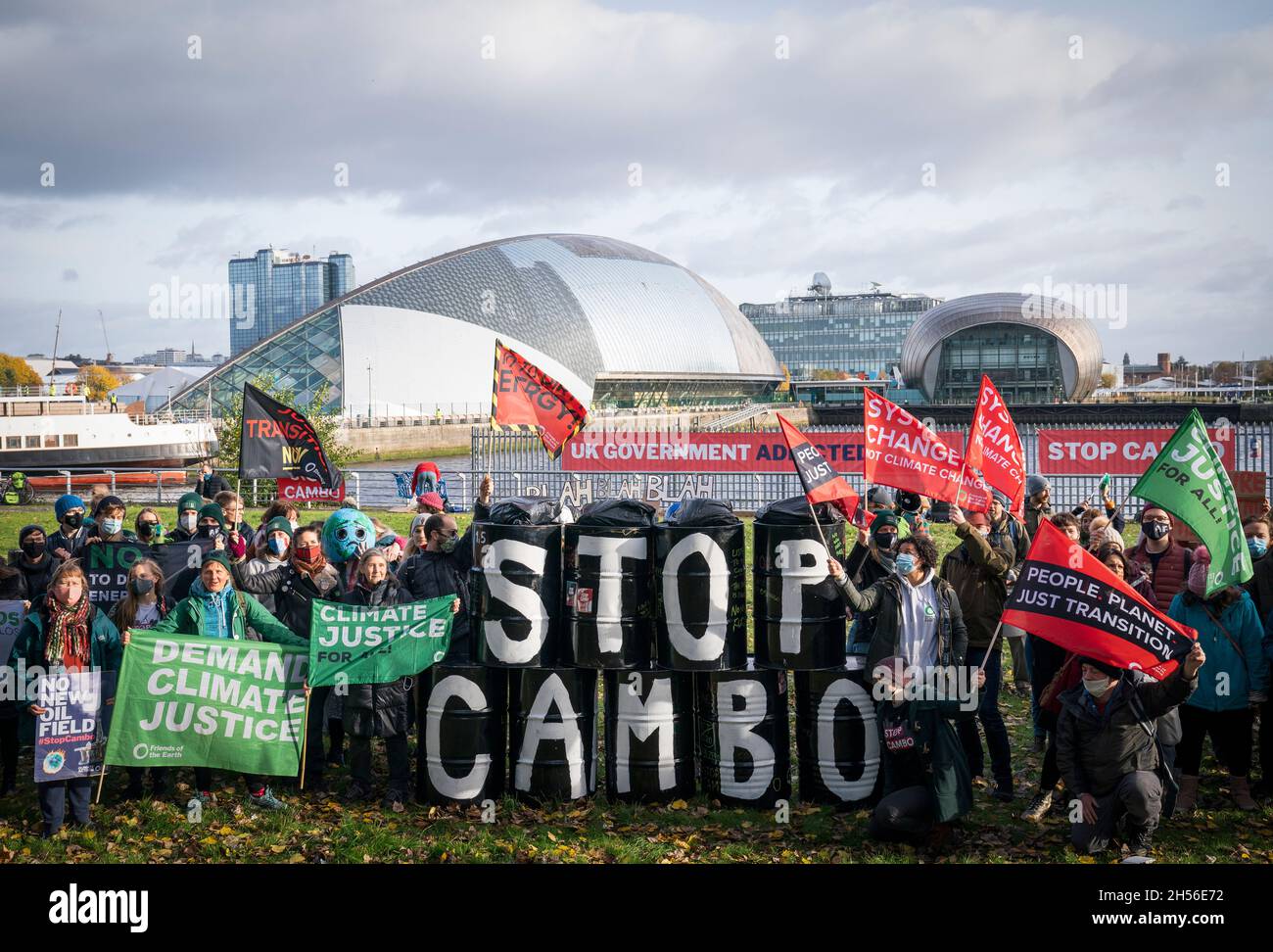 Activists from Friends of the Earth during a demonstration calling for an end to all new oil and gas projects in the North Sea, starting with the proposed Cambo oil field, outside the UK Government's Cop26 hub during the Cop26 summit in Glasgow. Picture date: Sunday November 7, 2021. Stock Photo