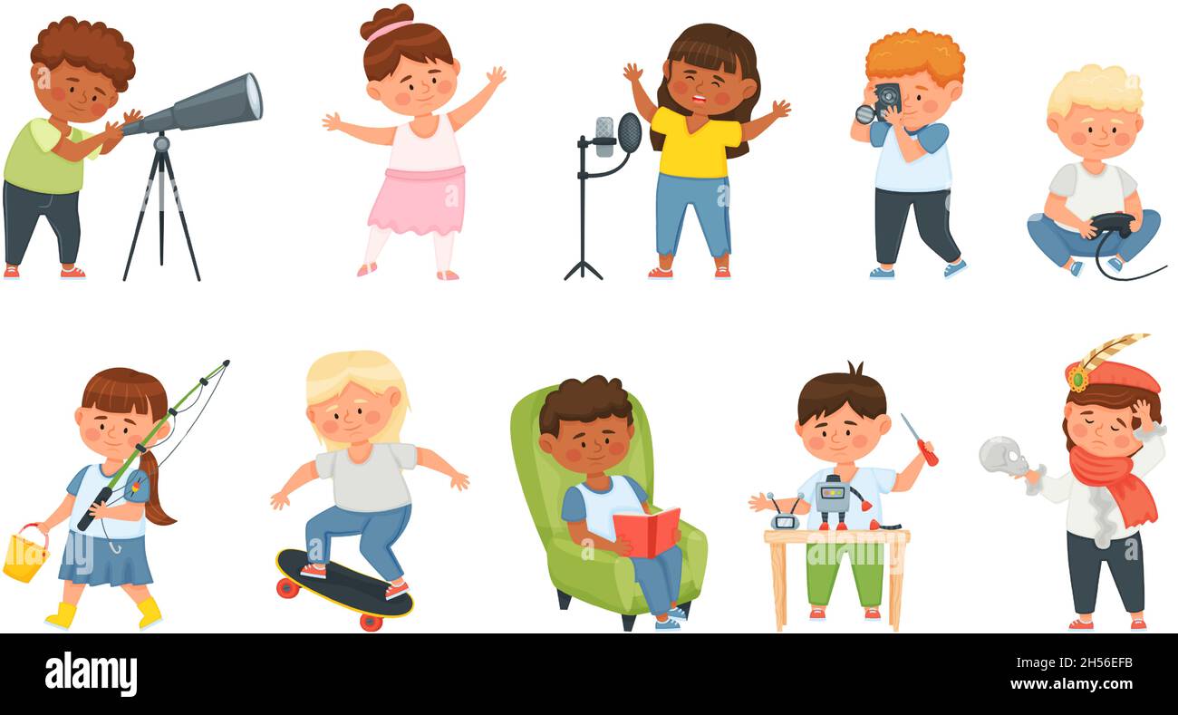 Kids hobbies, cartoon children doing different creative activities